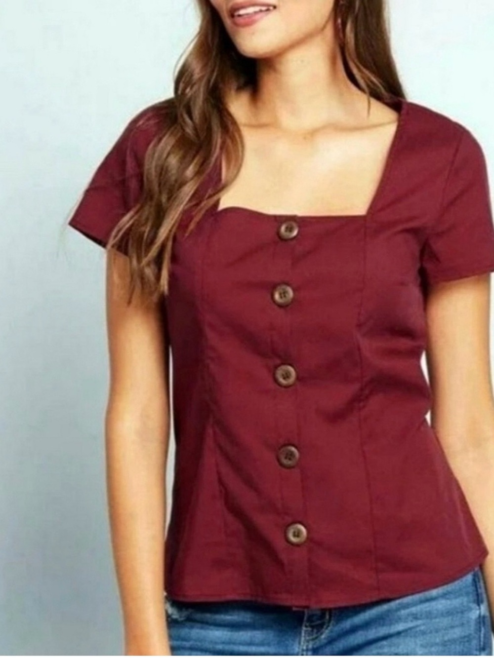ModCloth Women’s Square Neck Button-Front Top in Burgundy